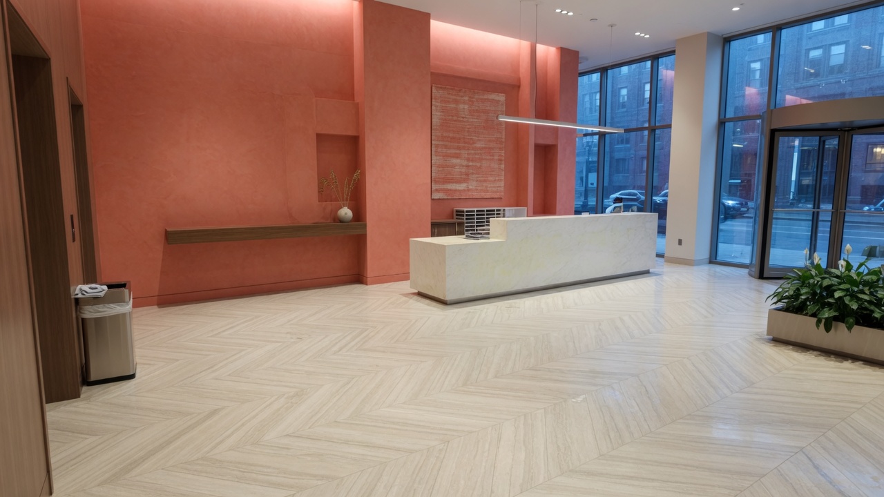 East Coast commercial lobby after overnight janitorial